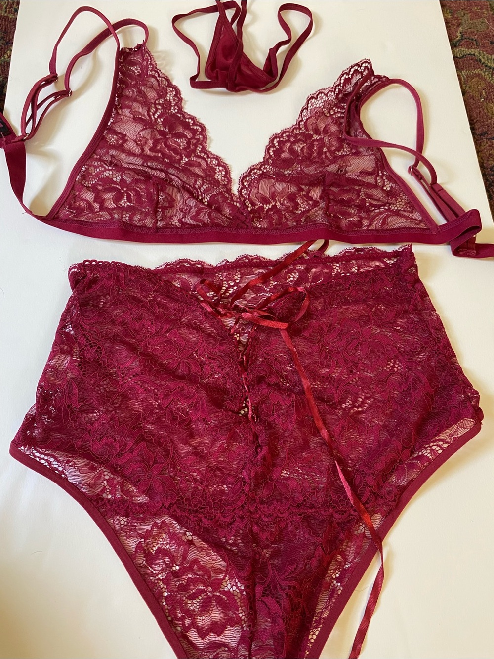 Burgundy Lace Lingerie 3 Piece Set Size L